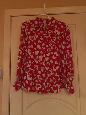 Chico's Red and White Heart Print Button-Down Shirt